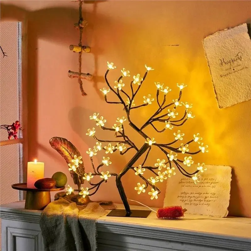 LED Table Lamp Bedroom Bedroom Bedside Hotel Shop Home Desktop Room Cherry Blossom Tree Light Festival Decor-AT36