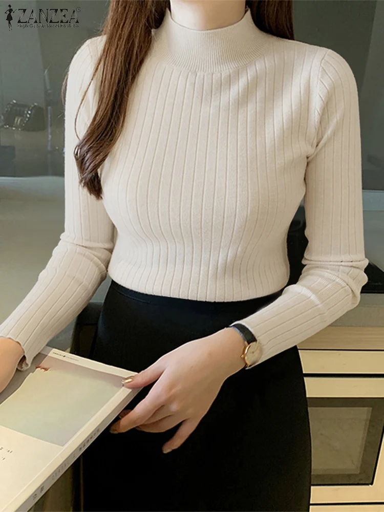 

ZANZEA Elegant Women's Knitted T-Shirts 2025 Autumn Comfort Mock Neck Long Sleeve Solid Color Short Pullover Sweaters 6 Colors