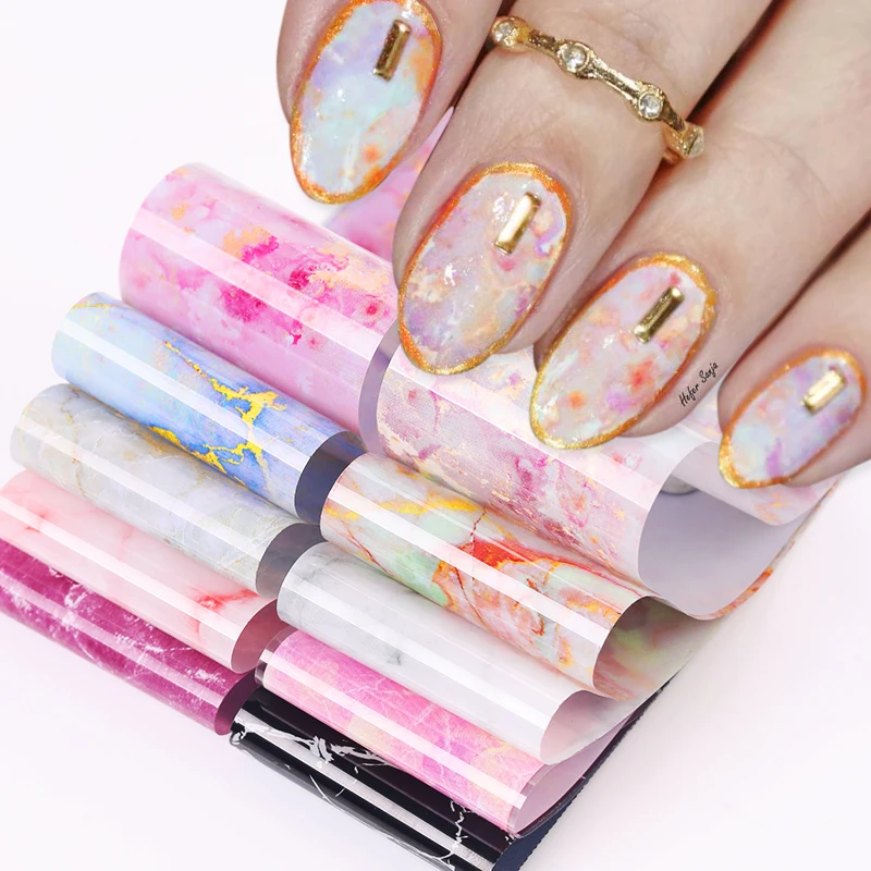 10Pcs/Bag Marble Nail Art Transfer Foil Sticker Flower French Tip Wraps Adhesive Decals Nails Decoration Manicures Accessories