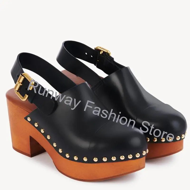 Mules de cuña de madera gruesa, zuecos, sandalias de plataforma para mujer, zapatos con correa de tobillo, tacones de cuero, sandalias de pasarela, zapatos de tacón para mujer.