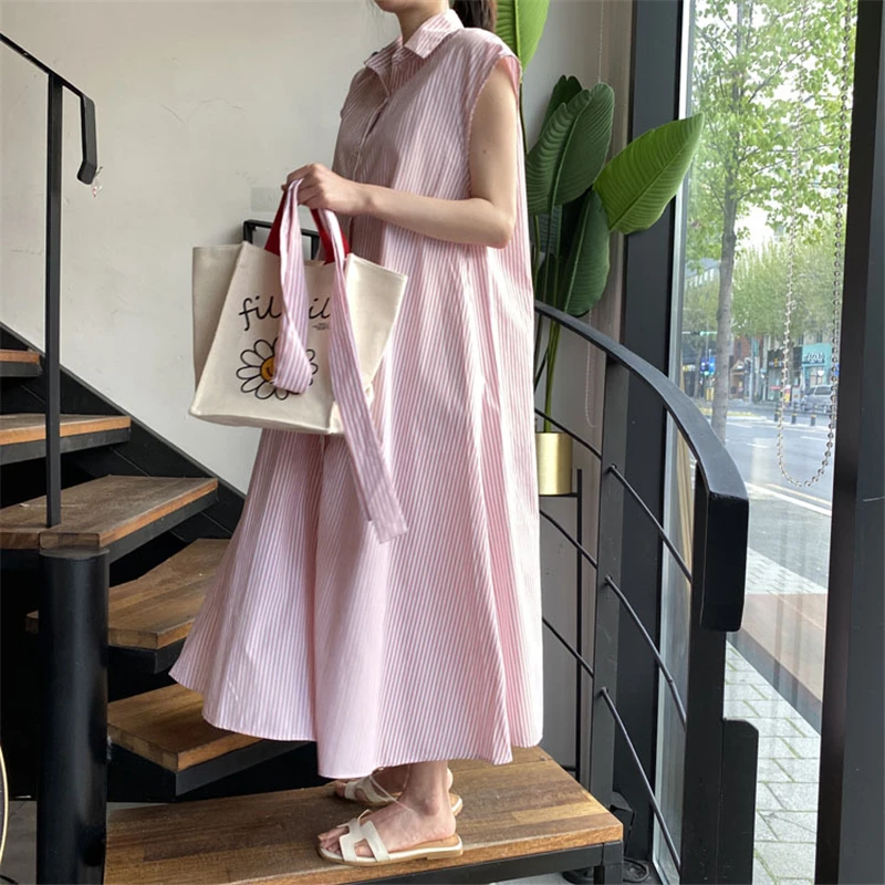 Damen Sommerkleid, neu, gestreift, mit Bindegürtel, schmal geschnitten, ärmellos, Midikleid, lässig, elegant, für Büro und Freizeit, mit Taschen, DR1970 – Detail 6