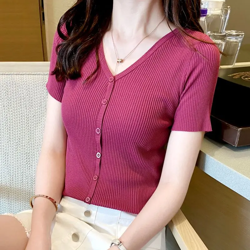 Women\'s Short Sleeve V-Neck Single-Breasted Knitwear, Korean Style, Elegant Clothes, Simplicity, Casual, Summer Fashion