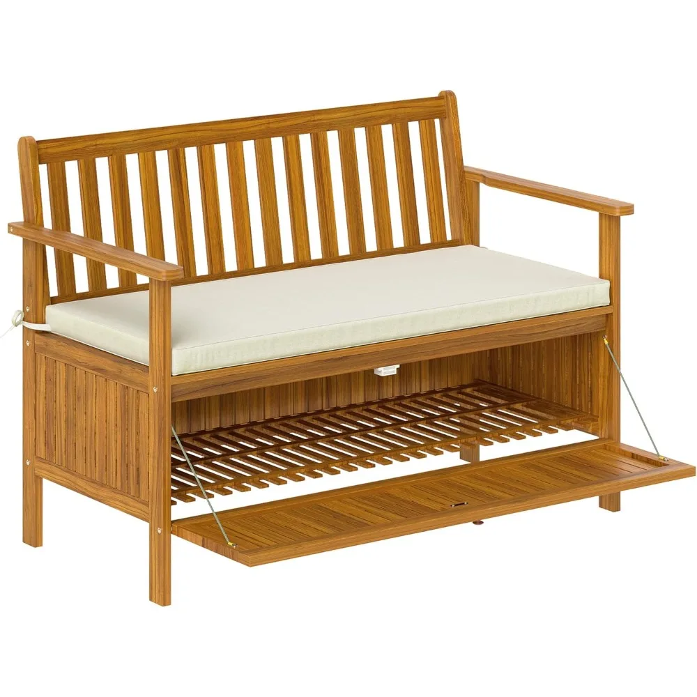 

Outsunny Outdoor Bench with Storage Box, 28 Gallon Outdoor Storage Bench, Acacia Wood Garden Seat with Cushion, 2 Seater Patio F
