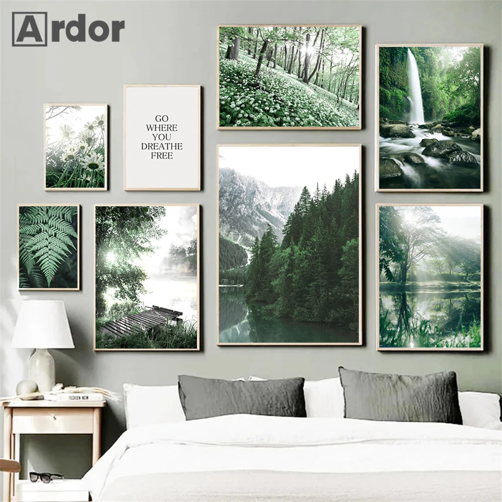 Nature Landscape Wall Posters Lake Forest Canvas Painting Mountain Boat Art Prints Leaves Poster Nordic Wall Pictures Home De