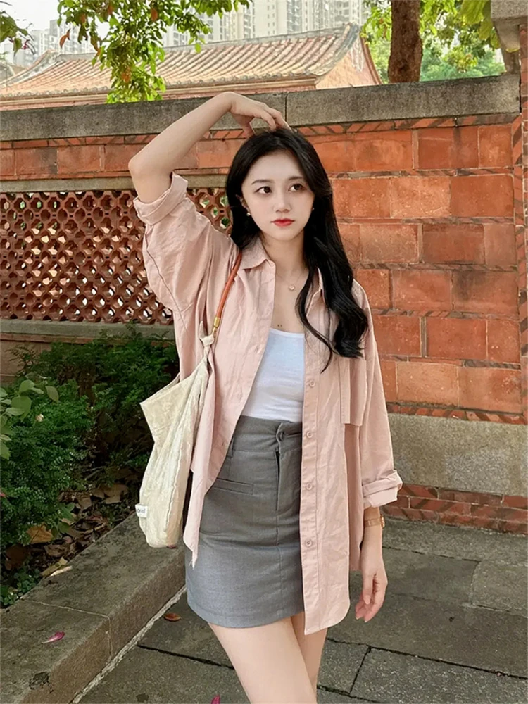 YUQI Fashion Cotton Women Shirt Fashion Korean Oversized Tops Harajuku Daily All-match Long Sleeve Chic Female Pink Shirts New