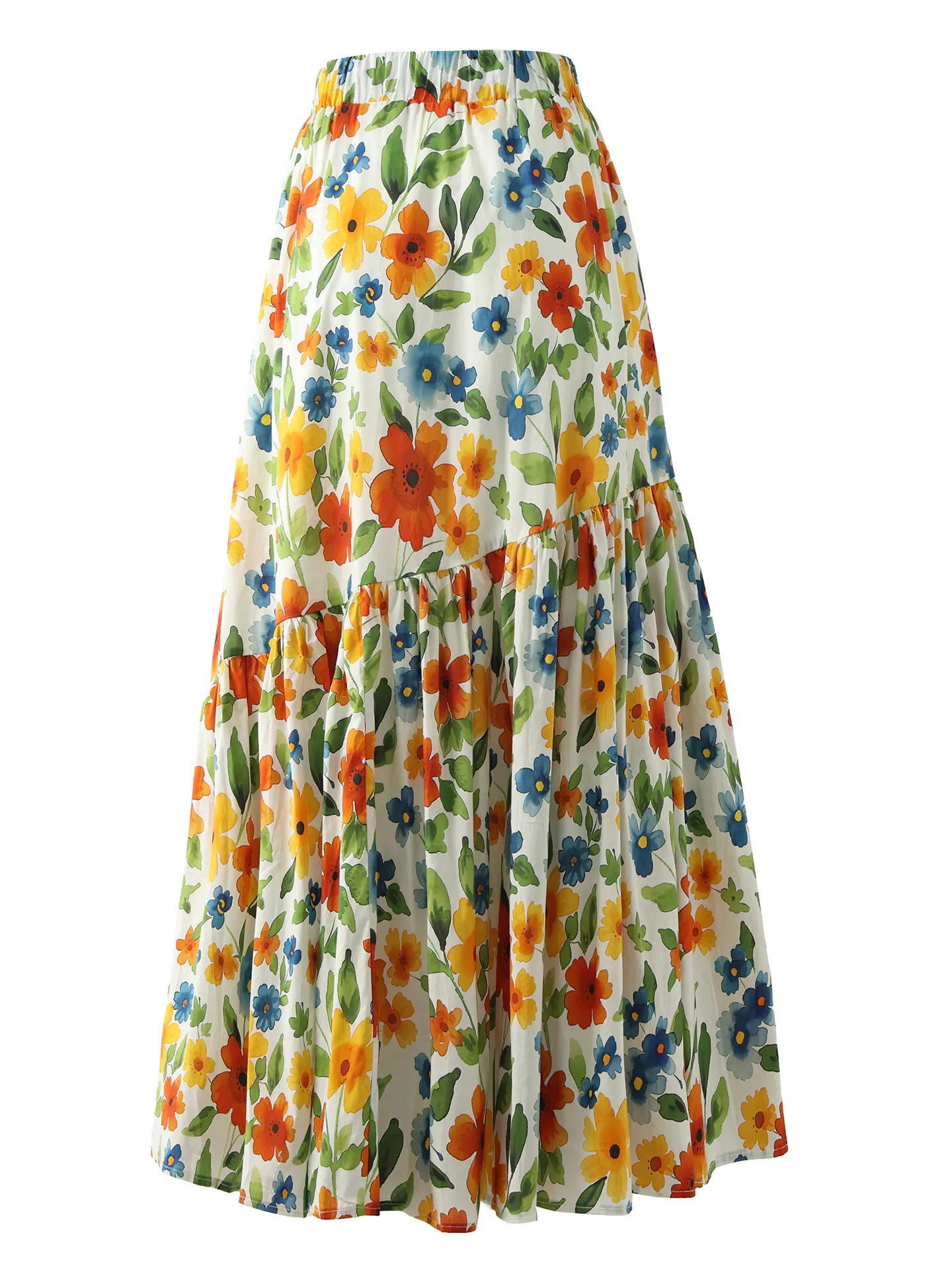 High Quality New Spring Summer Patchwork Floral Printing Pleated Skirt All-match Elastic Waist Vintage Ultra Long Cotton Skirts