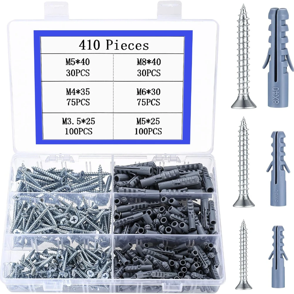 

410pcs Stainless Steel Screw Gypsum Board Expansion Screws Set Nylon Expansion Screw Combination Tube Wall Wood Hardware Tools