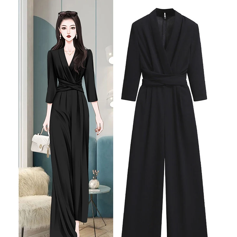 

Женский комбинезон с высокой талией и широкими штанинами, облегающий, из драпирующейся ткани, качественный, весенний, новый, модный, с высокой талией, длинные брюки, полиэстер