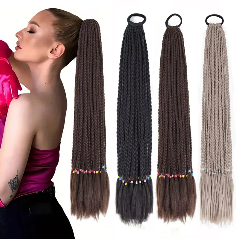 

24Inch Synthetic Gradient Colored Braided Ponytail Hair Extension Elastic Rubber Band Braiding Ponytail for Girl Women