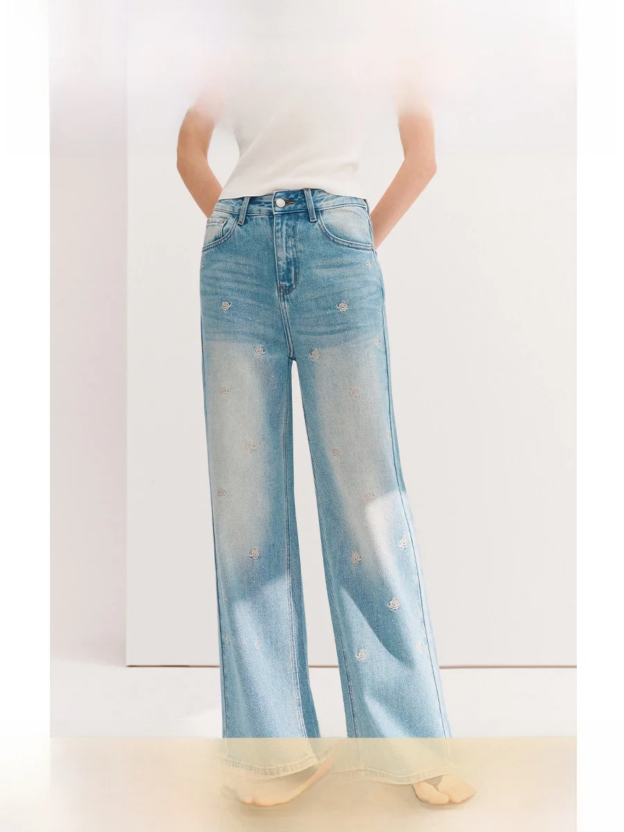 

Wigangshihi Vintage Washed Women's Jeans Loose Straight Rose Embroidery Slimming Cotton High Waist Spring Season Breathable