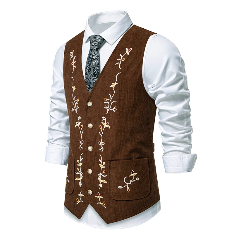 2025 Gilet di velluto a coste occidentale per uomo Gilet gotico Ricamo floreale Chaleco Vintage Hombre Steampunk Abito vittoriano Abito da uomo