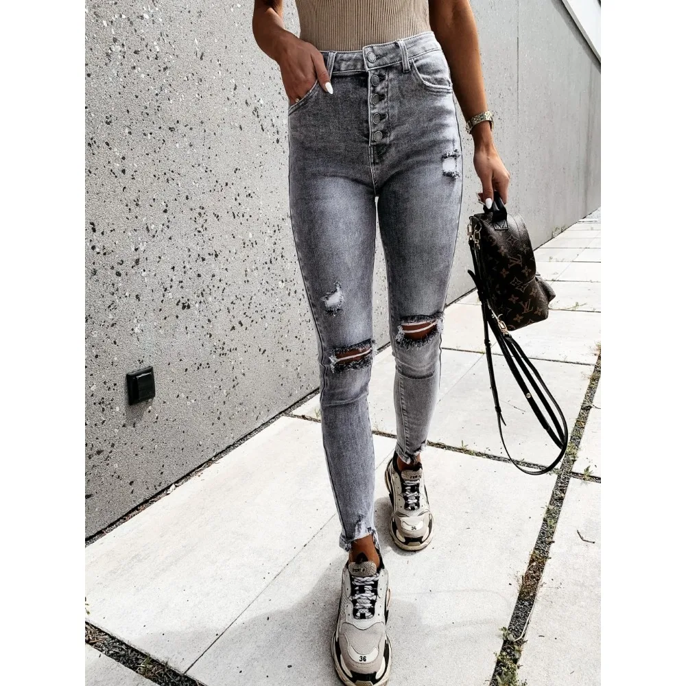 2025 스키니 찢어진 청바지 여성용 바지 Y2k 팬츠 펜슬 롱 여성 바지 솔리드 청바지 여성 봄 여름 캐주얼 하이웨이스트