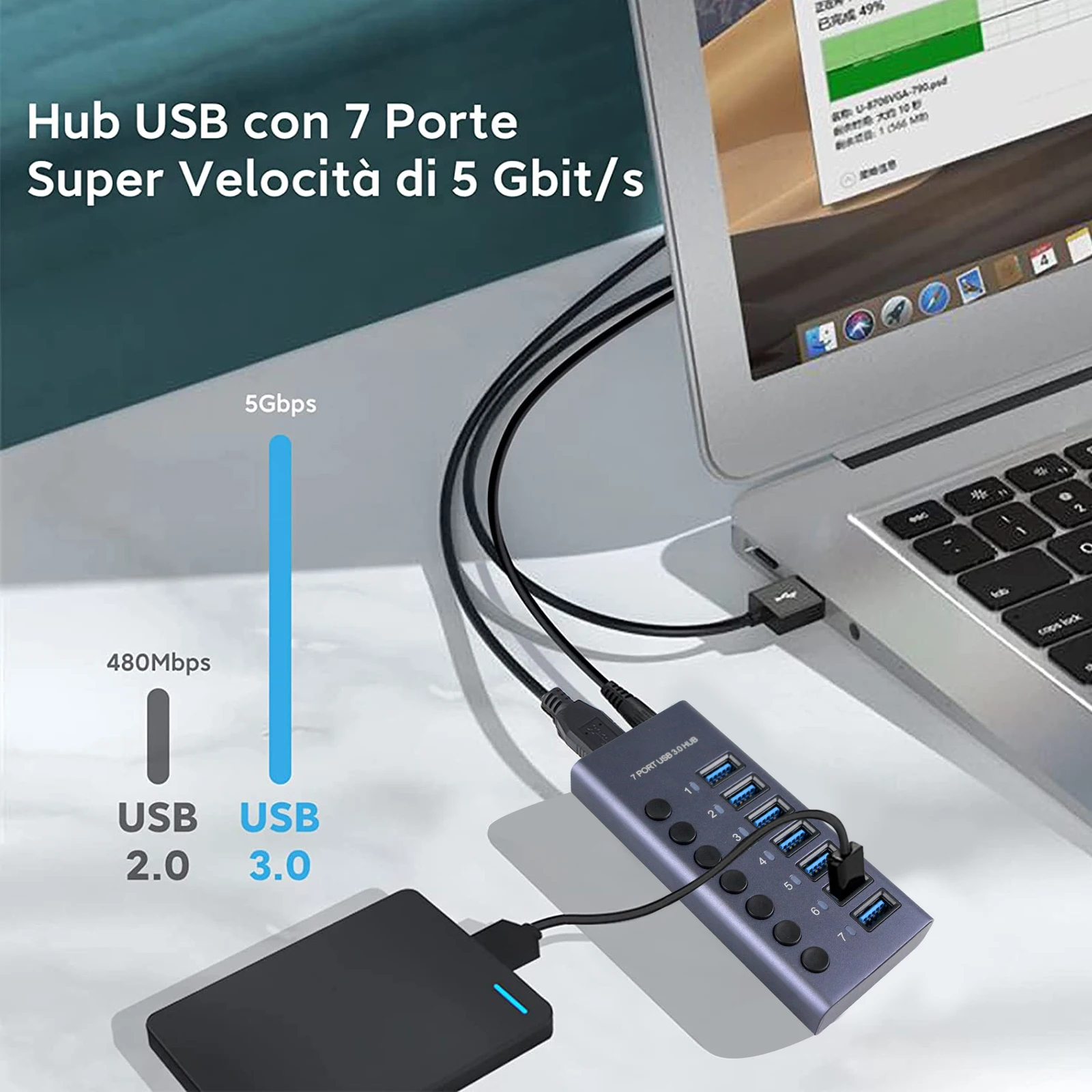 Imagem -02 - Hub Usb de Metal com Botão Interruptor para pc Multi Splitter Adaptador de Energia Portas Expansor Múltiplo Usb 3.0 Hub 2.0