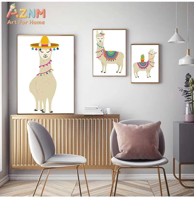 AZNM Cartoon Llama Alpaca Canvas Wall Art Frameless Print, Colorful Mexican Style Animal Poster, Kids Bedroom Nursery Decor Pict