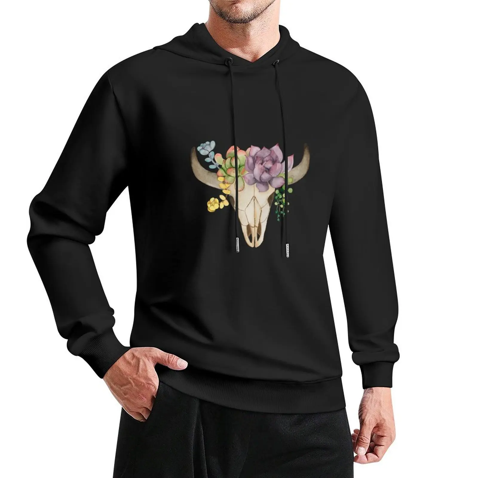 Succulent Bull Skull (white background) Pullover Hoodie anime clothes hoodie for men