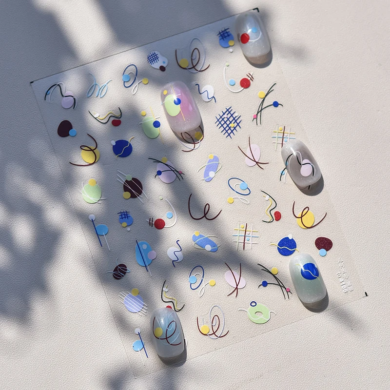 Pegatinas de colores geométricos para manicura, pegatinas autoadhesivas para arte de uñas, estilo de ilustración de bloque de Color de línea geométrica, planeta cuadrado marmoleado INS