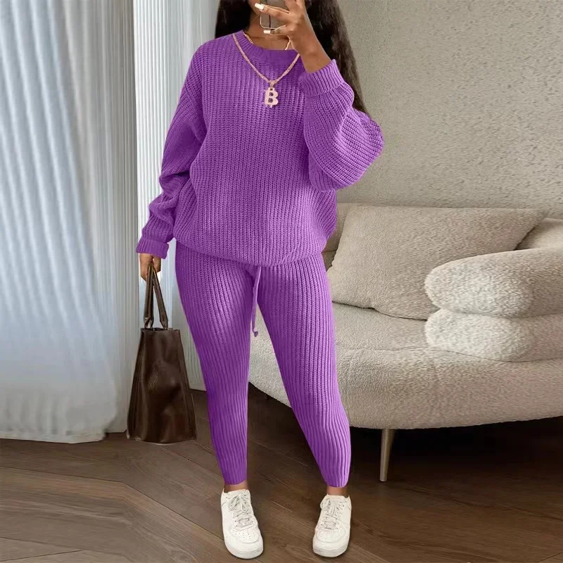 2024 inverno due pezzi set abbigliamento donna autunno moda Casual solido girocollo Pullover allentato Pit maglione lavorato a maglia pantaloni abiti