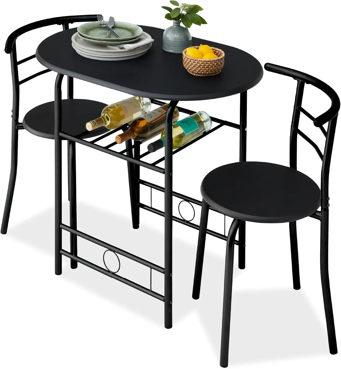 

3-Piece Wooden Round Table & Chair Set for Kitchen, Dining Room, Compact Space w/Steel Frame, Built-in Wine Rack - Black