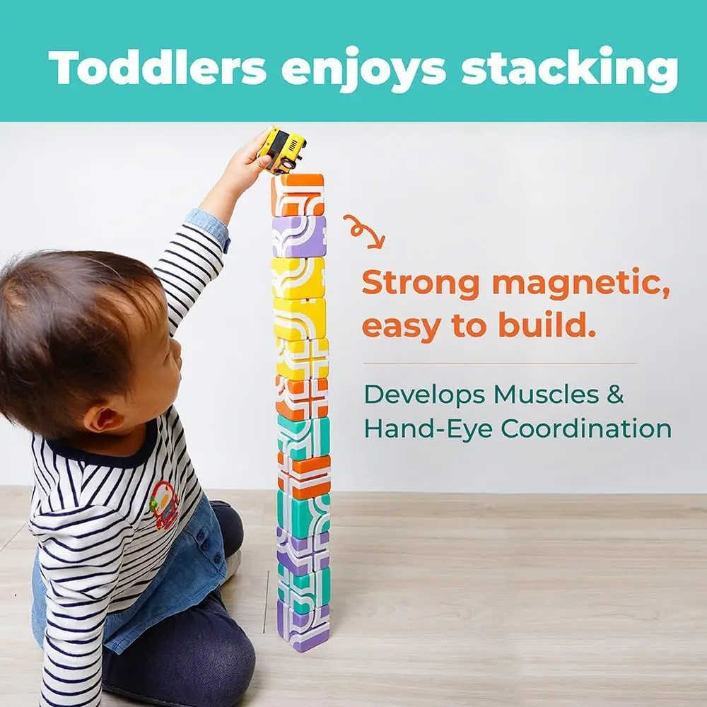 Set di blocchi magnetici 3D per 1+ anni - Tema scuolabus, giocattolo educativo Montessori (13 pezzi)