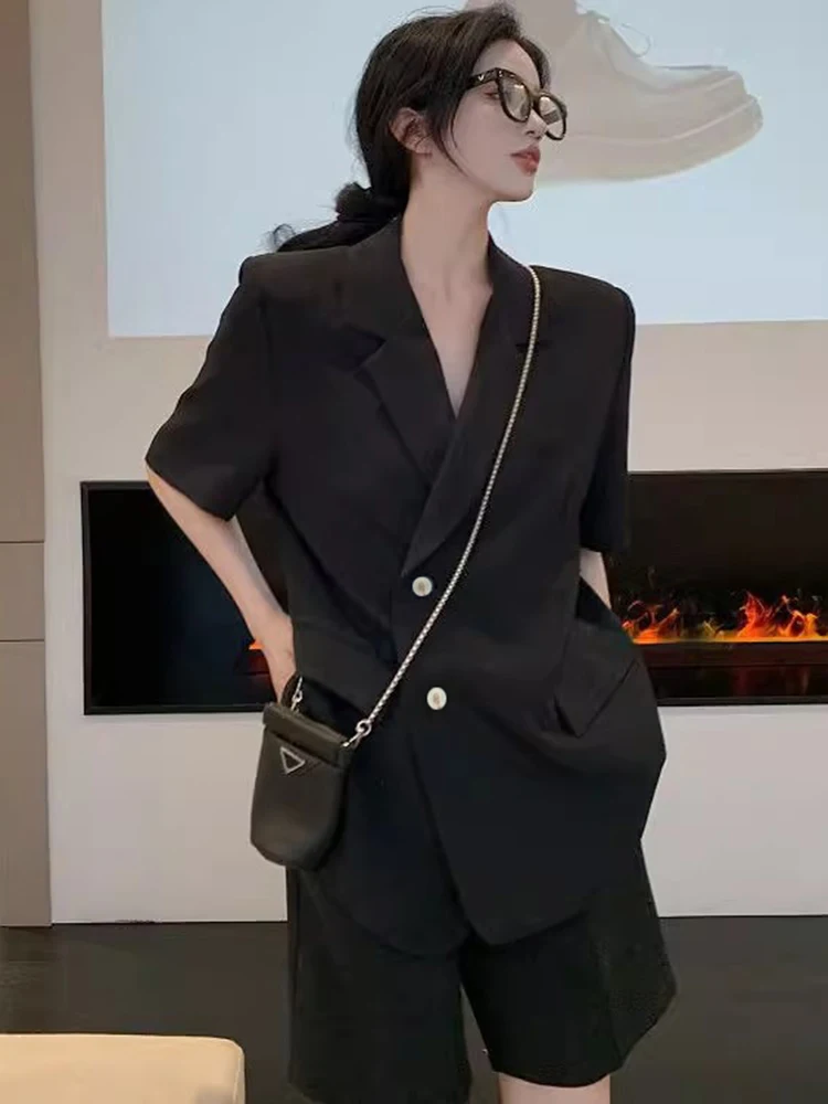 مجموعة أزياء الشارع لفصلي الصيف والخريف، بدلة صيفية خفيفة بحجم كبير، جاكيت كاجوال فضفاض بأكمام قصيرة، شورت نسائي، طقم من قطعت...