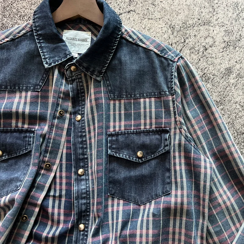 

Американская ретро-рубашка из денима в полоску с пэчворком, повседневная, с длинным рукавом, весна-осень, модный городской стиль, 100% хлопок, с пуговицами