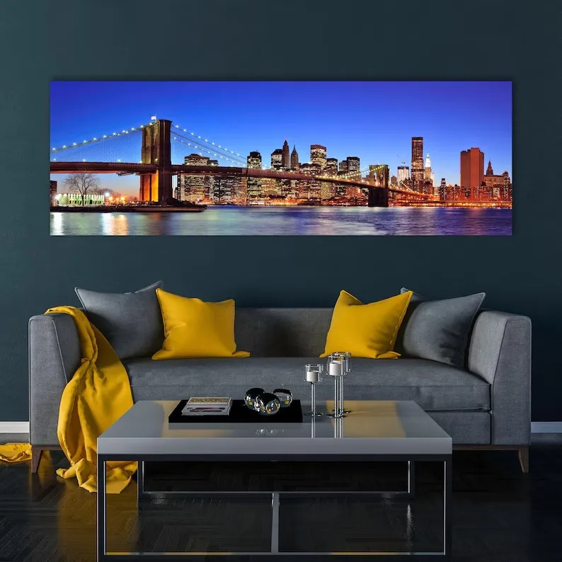 New York Manhattan Night Skyline Brooklyn Bridge Panorama Landscape Poster Canvas Painting Wall Art Pictures Home Interior Decor