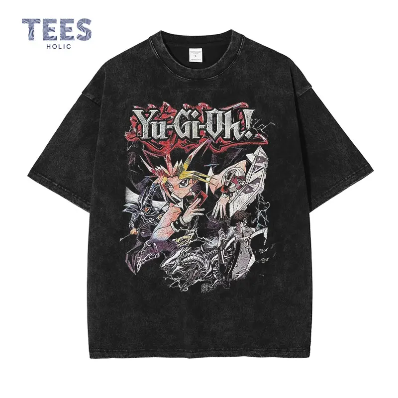 Yu-Gi-Oh Anime T Shirts Men Vintage Washed Blue-Eyes White Dragon Print T-shirt Oversized Streetwear Short Sleeve y2k Tops Tees