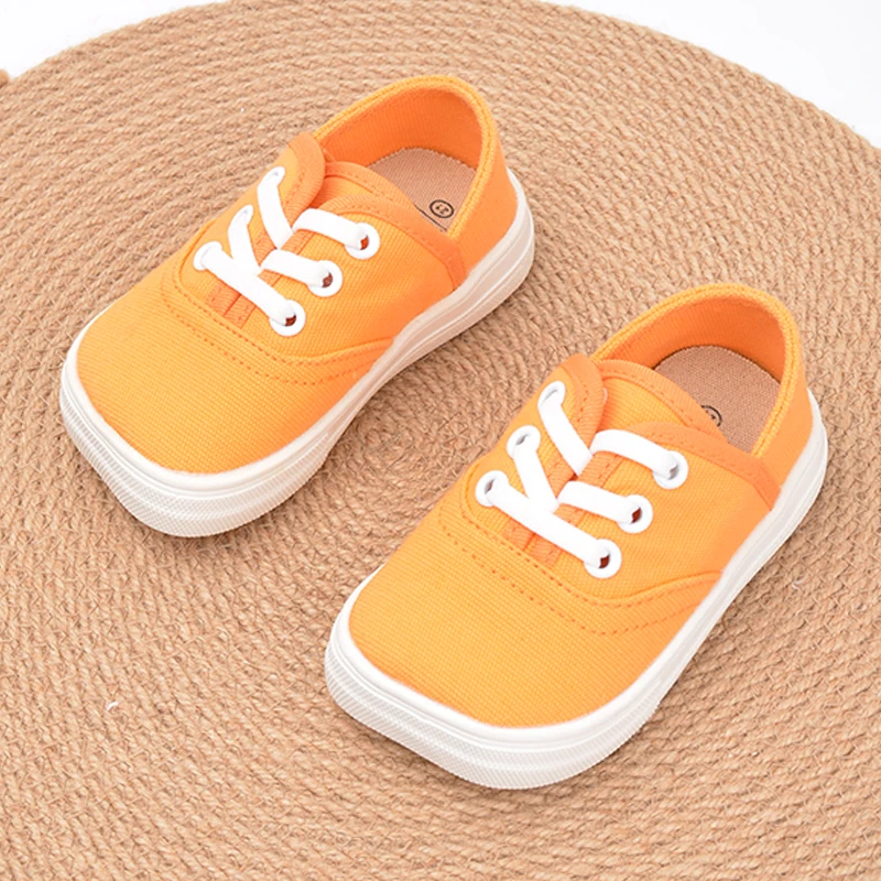 Girls Spring High Quality Rubber Sole Flat Comfortable Canvas Slip-on Walking Shoes Square Head Purple Orange Sneakers E8209