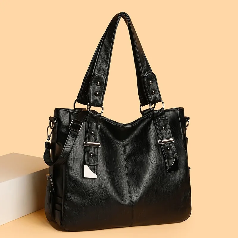 PU Solid Color 2025 New Product Tote Bag Zipper Large Capacity Simple Fashion Shoulder Bag Soft Versatile Western Style Handbag