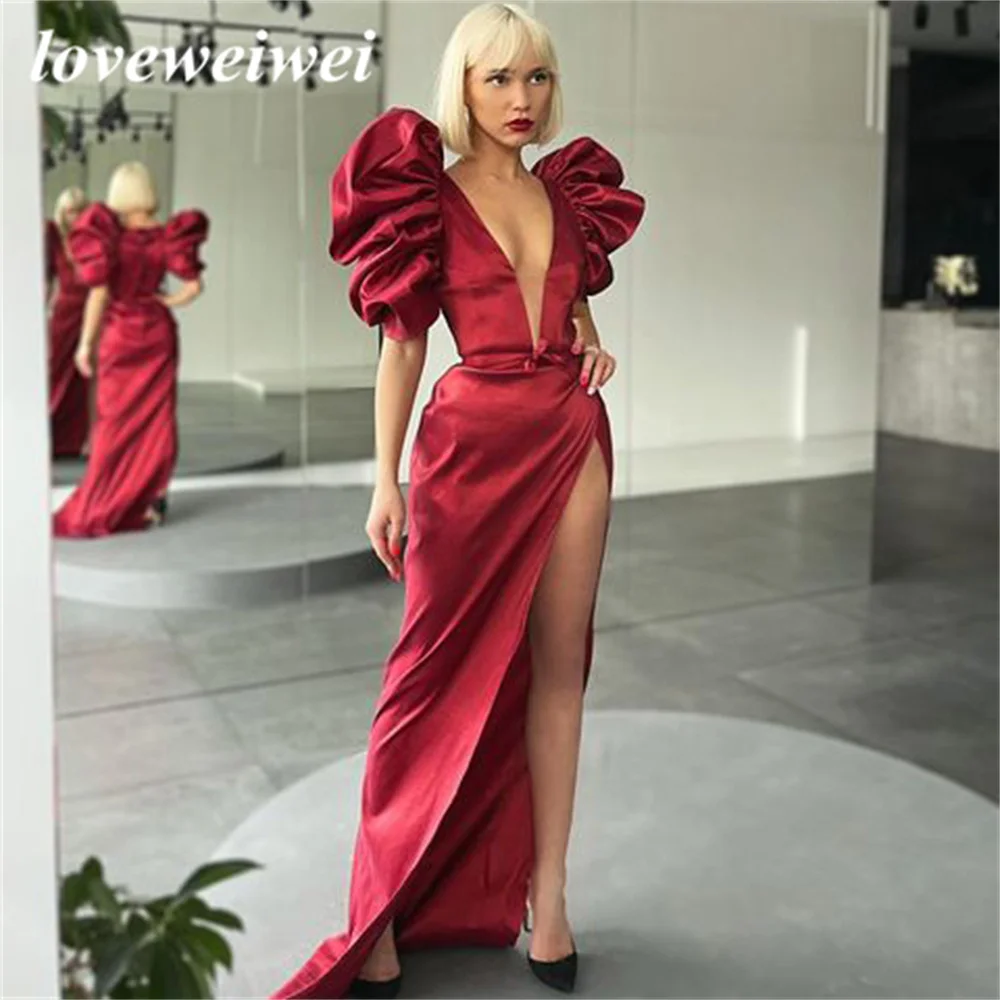 

Burgundy Mermaid Evening Dresses High Split Prom Dresses Sexy V Neck Prom Gown Puff Sleeves Dance Dresses robes de soirée