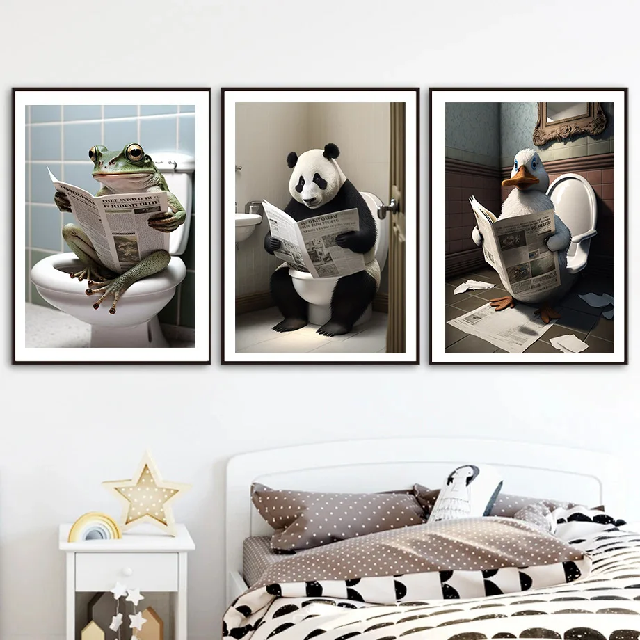 

Bathroom Humor Animals Wall Decoration Animals Sitting on the Toilet Reading Newspaper Art Printing Canvas Painting