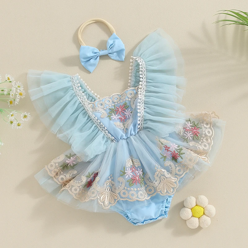 Newborn Baby Girl Rompers Fly Sleeve Embroidery Flower Tulle Patchwork Romper Dress with Bow Hairband Summer Clothes