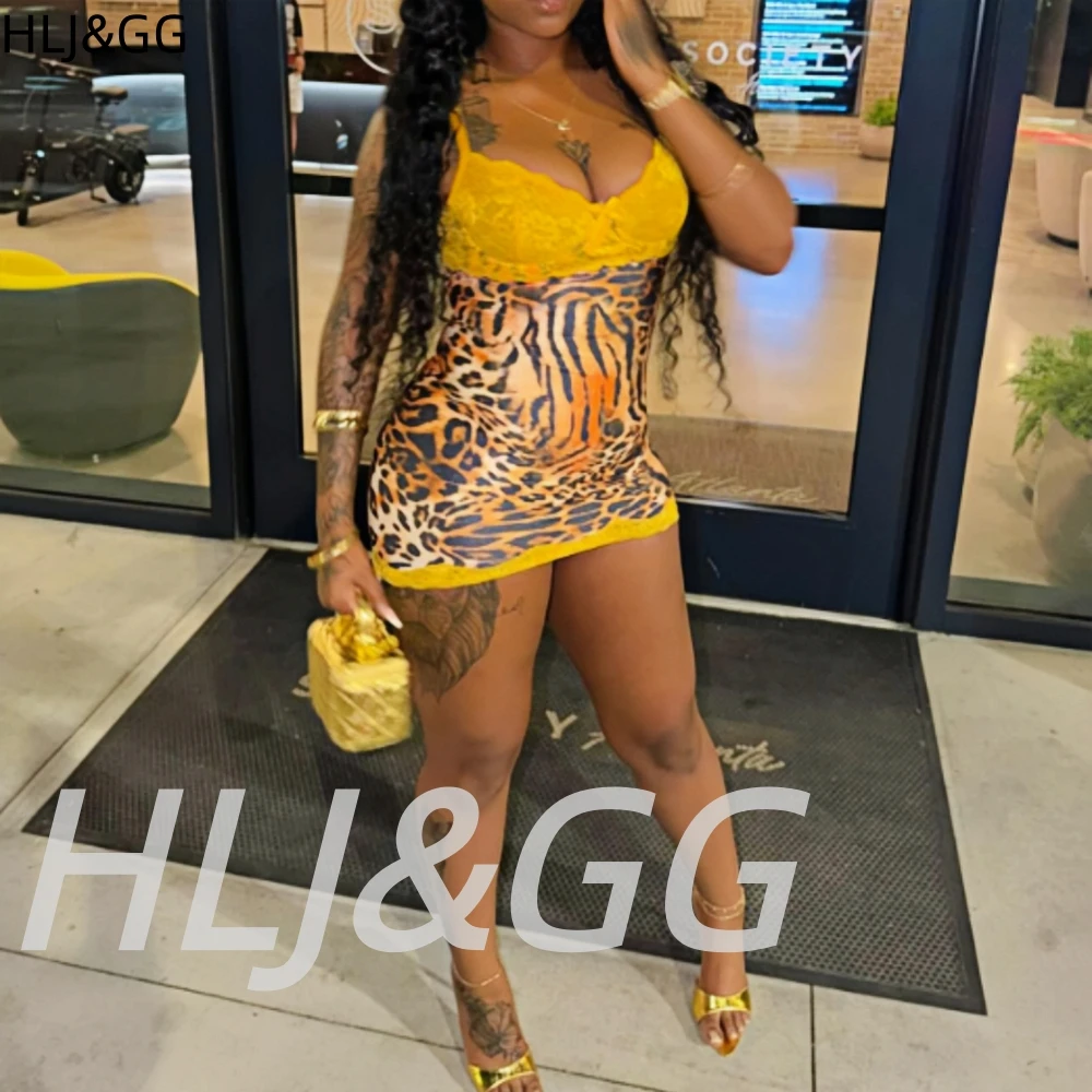 HLJ&GG Sexy Leopard Print Lace Spaghetti Strap Bodycon Mini Dresses Women Sleeveless Backless Slim Vestidos Summer New Clothing view 6