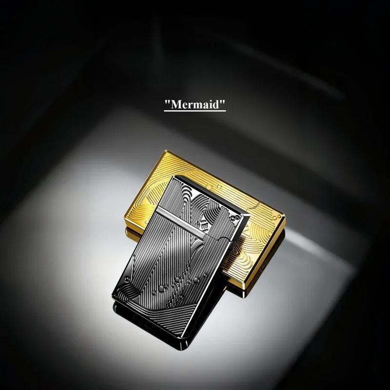 

2026 New Metal Sound Gass Butane Lighter Vintage Windroof Gold Sleeping Mermaid Pattern Side Slip Unique Fighters for Smokers