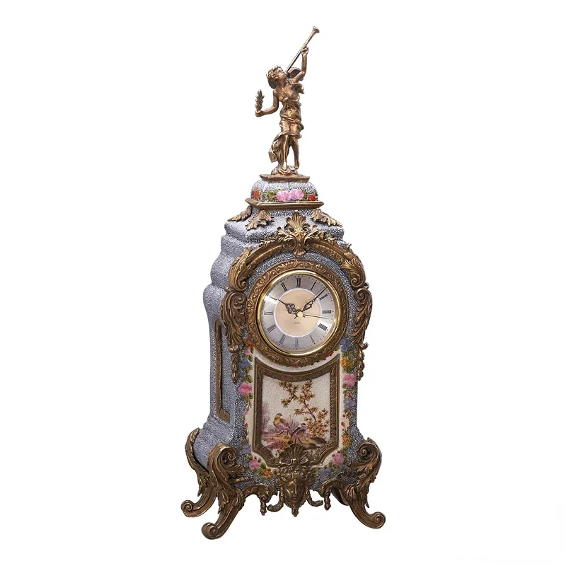 European luxury copper figure ceramic painted flower spire clock villa living room ornament