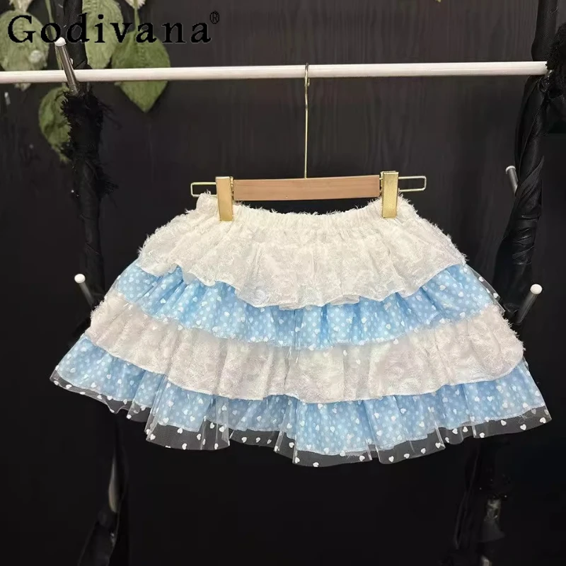 Ladies Y2k Bow Fluffy Cake Mini Skirt White Tassel Blue Dot Love Mesh Dopamine Short Skirt Women's Street Wear Casual Skirt