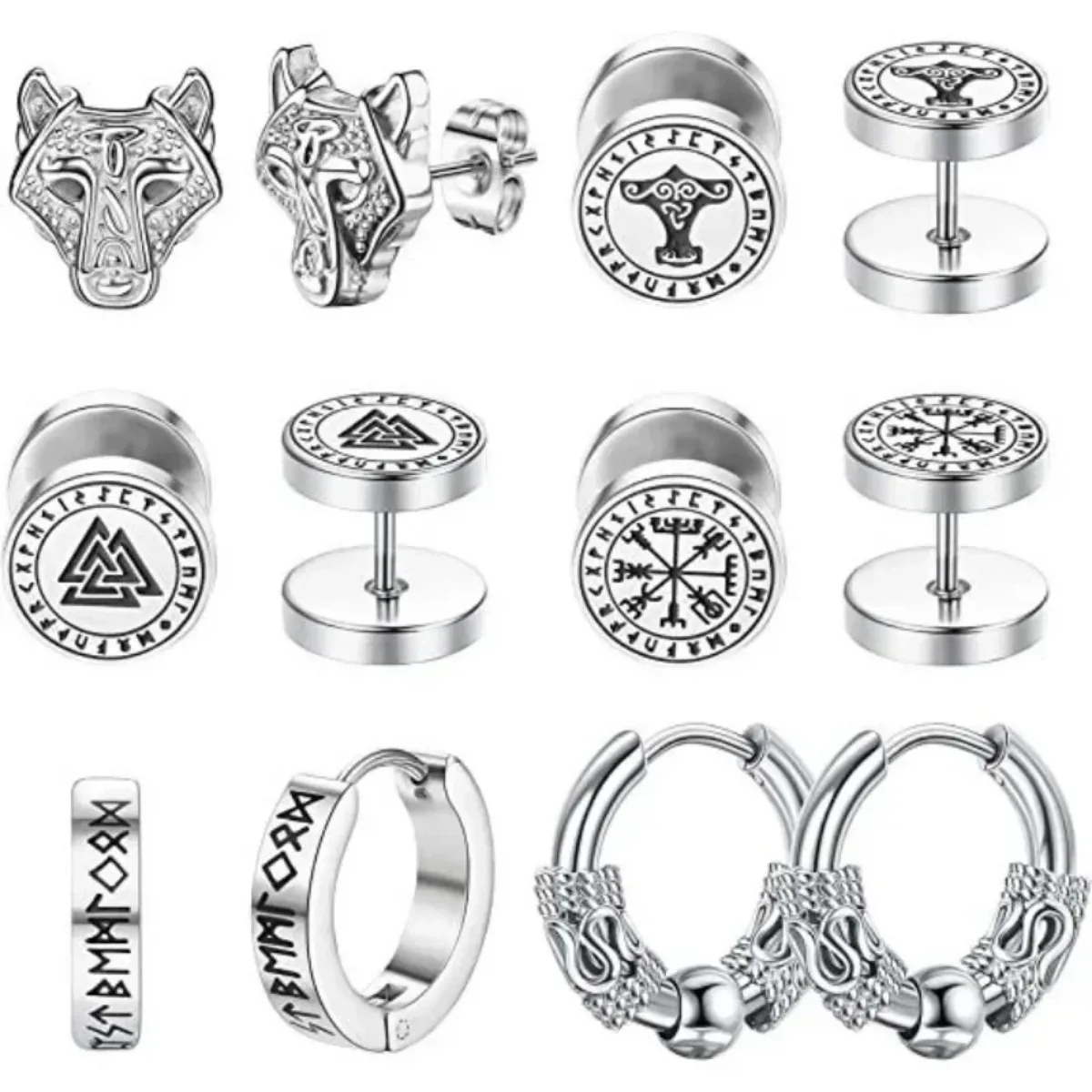 6Pairs Set 18G Viking Rune round Stud Earrings Unisex 316L S