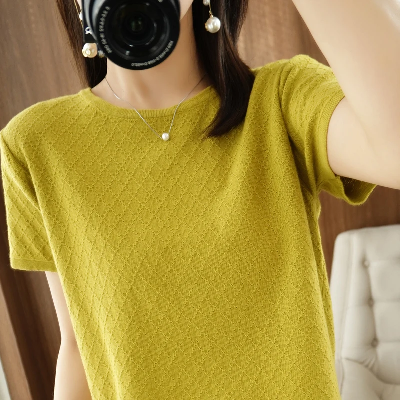 Women\'s T-shirt Spring/Summer 100% Cotton Sweater Short Sleeve Casual Solid Round Neck Ladies Tops Loose Blouse Pullover Tees