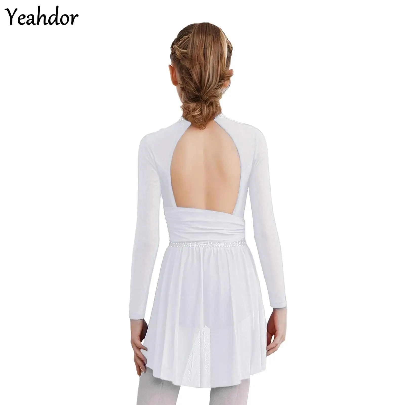 

Kids Girls Lyrical Dance Dress Long Sleeve Cutout Back Side Split Sheer Mesh Rhinestones Ballet Gymnastics Skating Leotard Dress