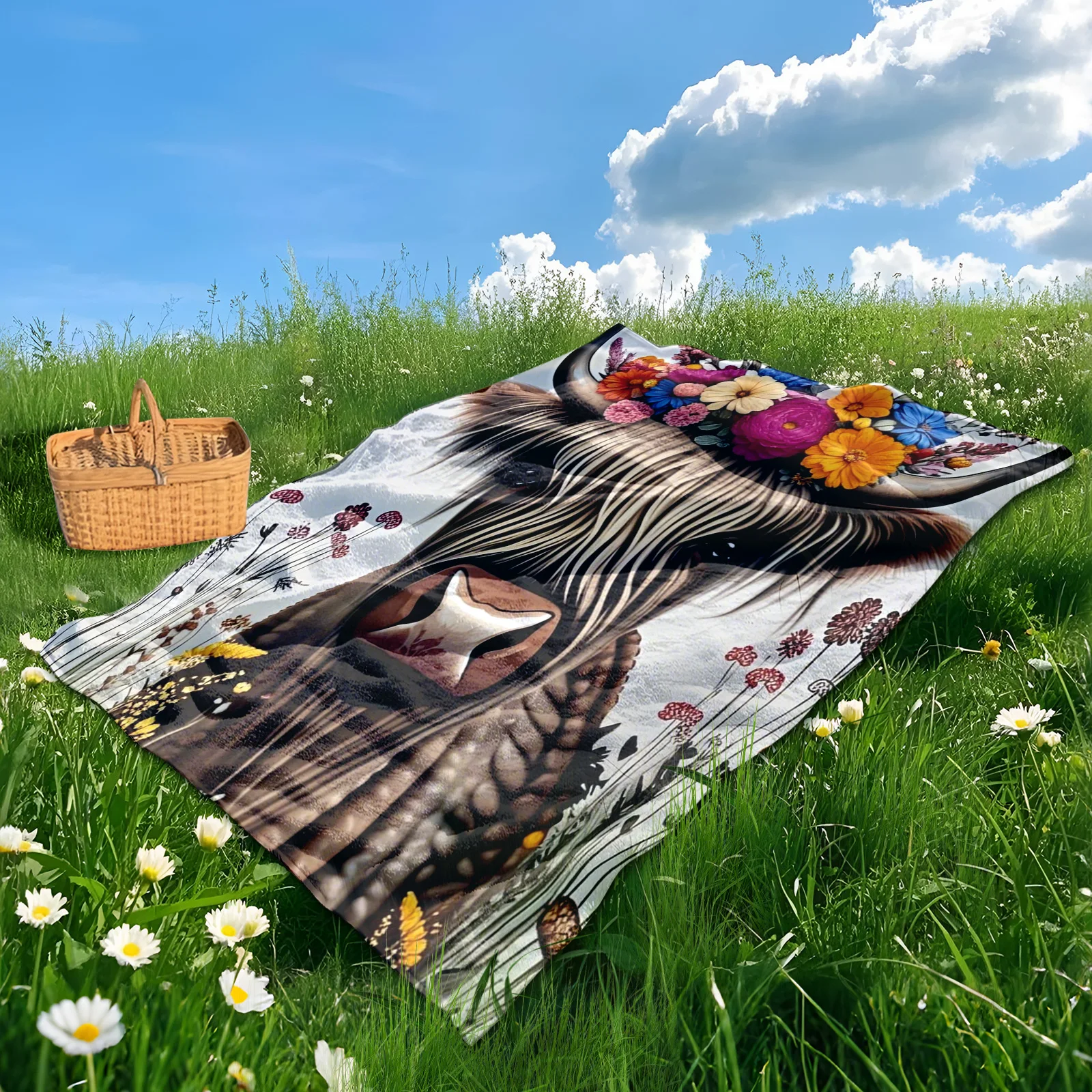 Manta exterior floral y de vaca de las tierras altas con fondo blanco y diseño de dibujos animados para picnics y relajación en la naturaleza