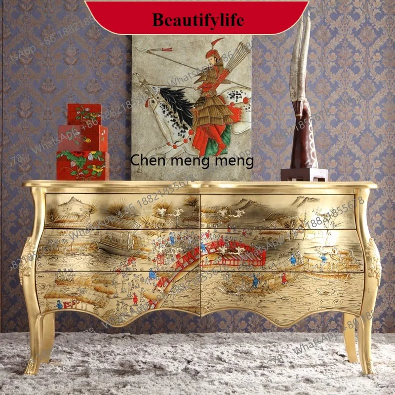 

G153 New Chinese gold foil painted solid wood foyer decorative entrance cabinet display cabinet