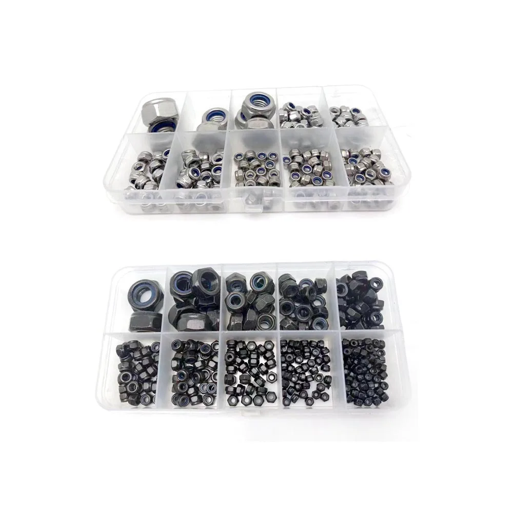 125pcs/set M2 to M12 DIN985 304 Stainless Black Carbon Steel Hexagon Hex Nylon Insert Lock Self Locking Nut Assortment Kit Set