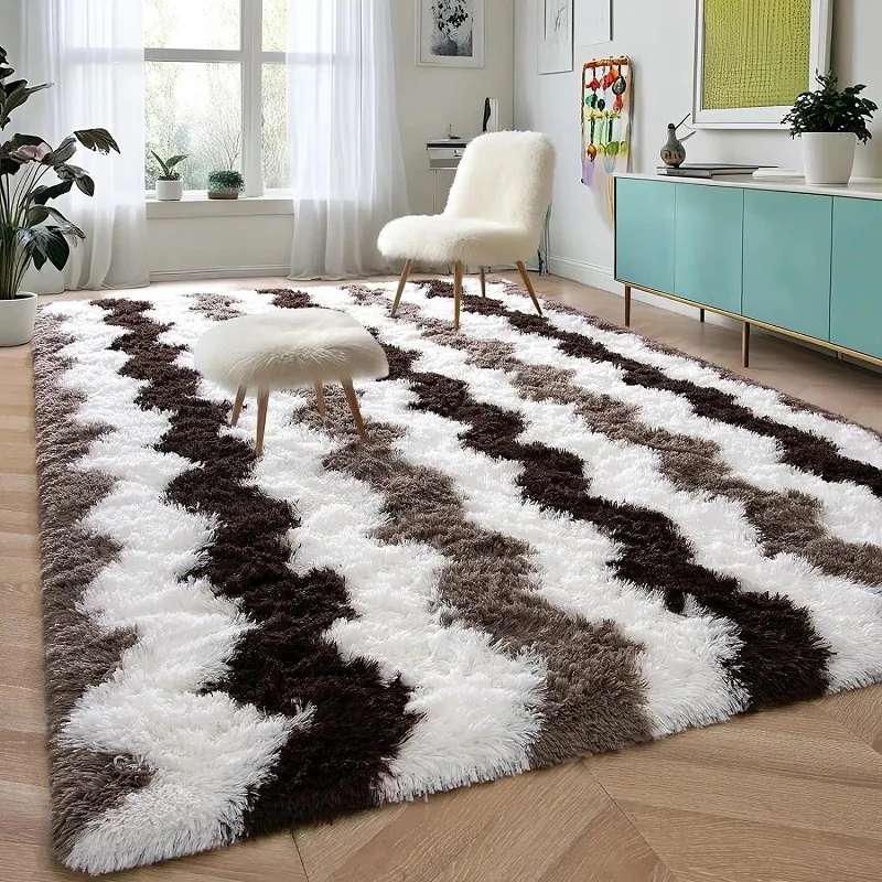 

Soft Shaggy Rugs Plush Area Rugs for Living Room Bedroom Fluffy Carpets Home Decor Stripe Brown