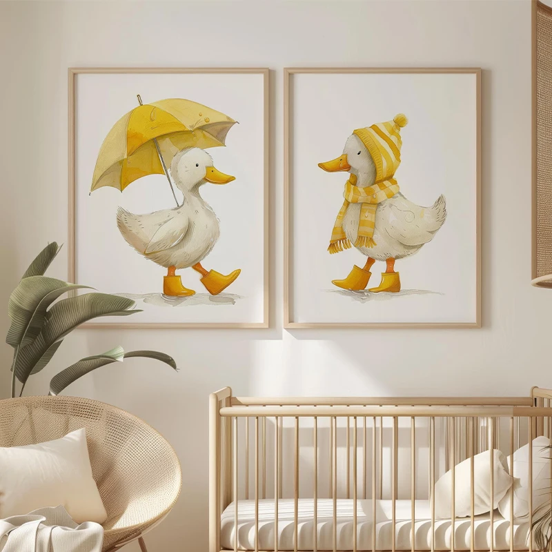 Adorable Ducks Standing in Rain Cute Drawing Posters Prints Canvas Printing Wall Art Picture for Children's Room Home Decor Gift