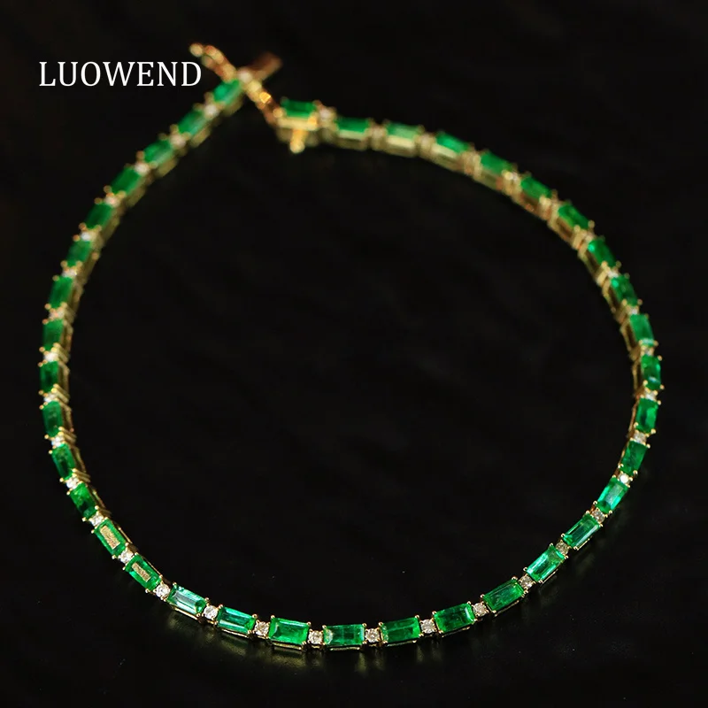LUOWEND 100% 18K Yellow Gold Bracelet Elegant Shiny Diamond Natural Emerald Gemstone Bracelet for Women High Party Jewelry