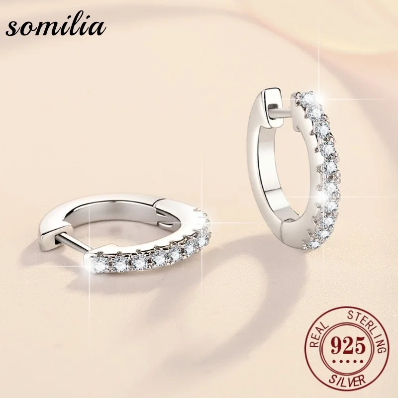 SOMILIA 925 Sterling Silver Classic Silver Round Circle Hoop Earrings Cubic Zirconiainlaid Zircon Earrings For Women Luxurious