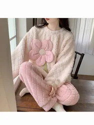 Conjuntos de pijama de flanela de manga comprida feminino, roupa de dormir quente, grossa, doce, rosa, casual, simples, luxuoso, casa, inverno