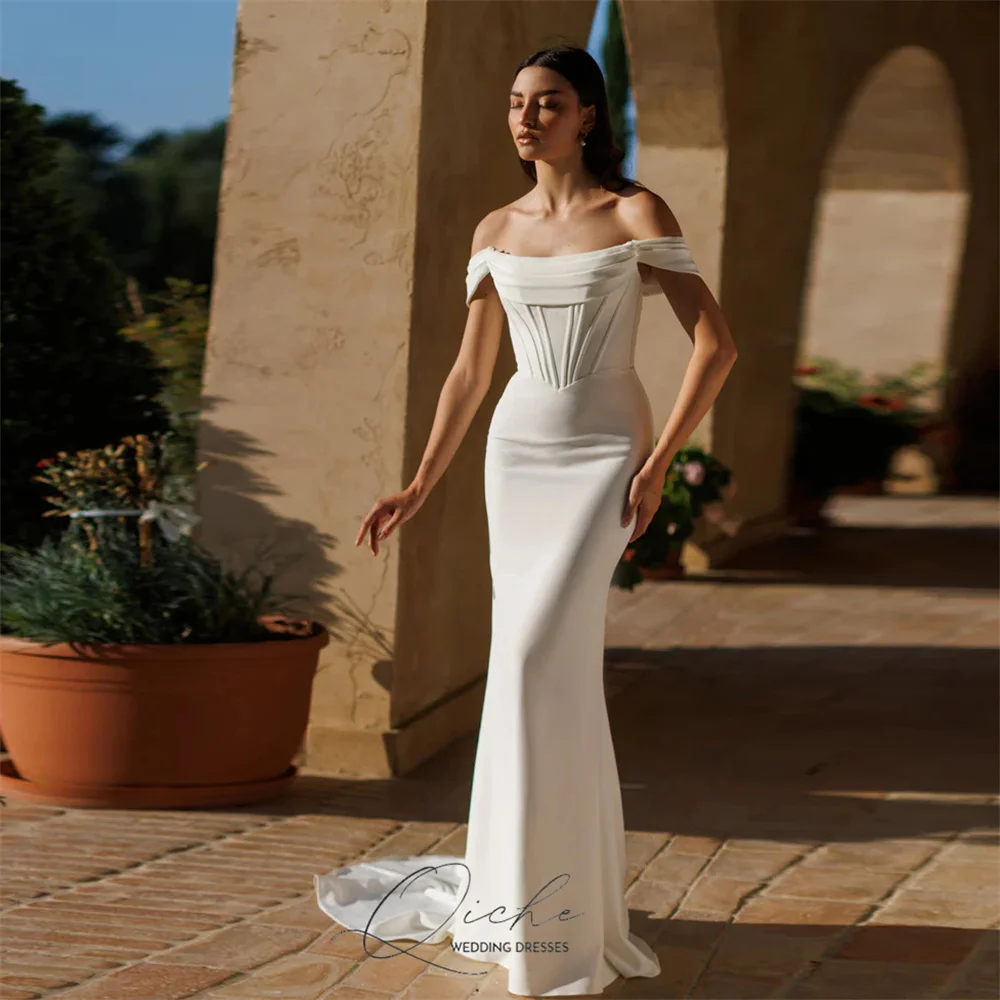 

QICHE Classic Off The Shoulder Mermaid Wedding Dress For Women Boat-Neck Open Back Pleat Vestido De Novia Sweep Train Customized