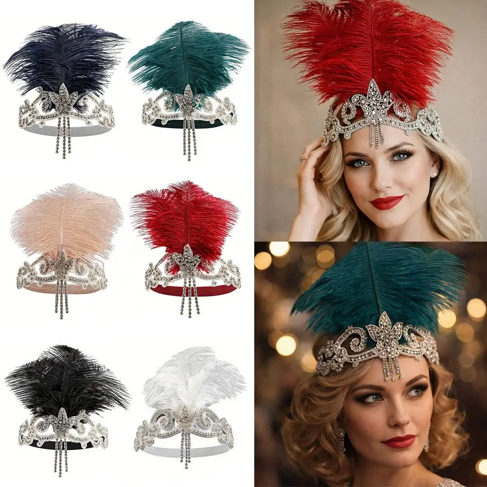 

Elegant Crystal Decorated Feather Headwear Tassel Adjustable Hair Band Beaded Flapper Women