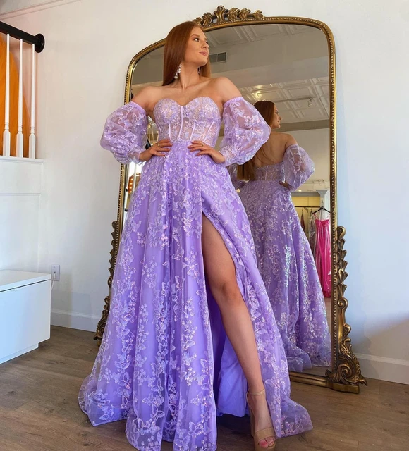 Lilac Evening Party Dress Embroidered Butterfly 2022 Robe De Soiree Detachable Sleeves Lavender Prom Gowns Lady Pageant Slit Prom Dresses AliExpress